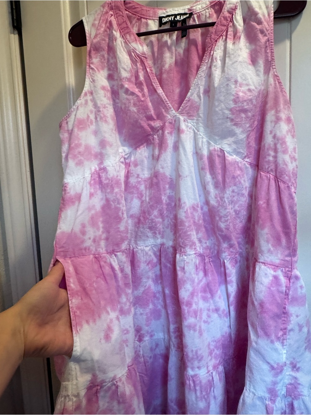 DKNY Pink and White Tie-Dye Tiered Sleeveless Dress - Picture 4 of 6